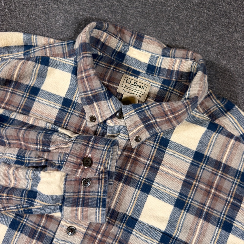 LL Bean Flannel Shirt Mens XL Blue Brown Plaid Traditional Fit Cotton Button Up